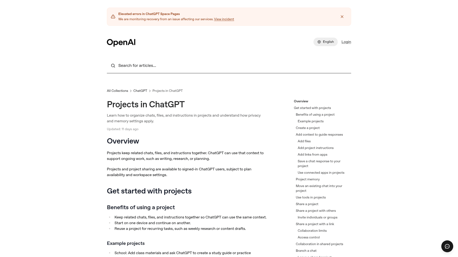 OpenAI's Projects in ChatGPT help article explaining that projects keep related chats, files, and instructions together, as taken from the OpenAI Help Center