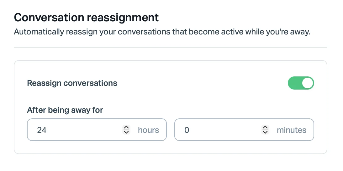 Help Scout Conversation reassignment setting with Reassign conversations turned on after being away for 24 hours, as shown in Help Scout's docs