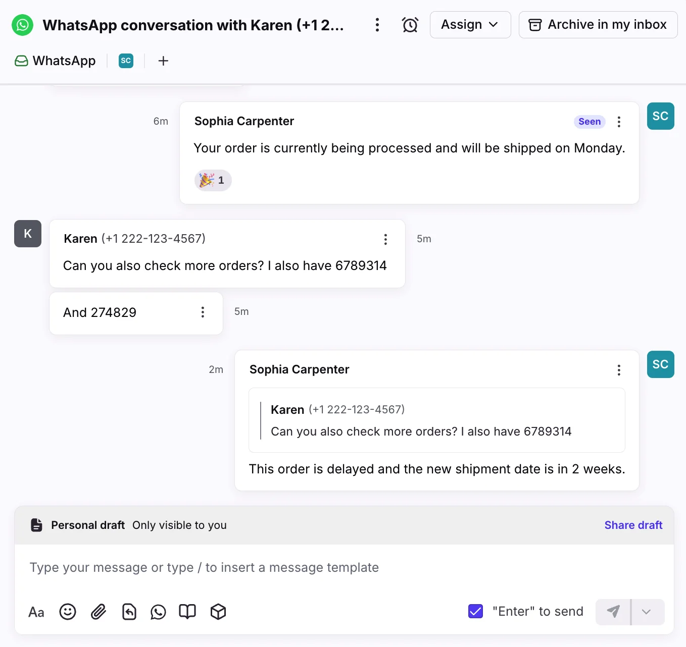 A WhatsApp conversation inside a Front shared inbox, with an agent's replies, a quoted customer message about order numbers and a personal draft composer at the bottom, as taken from Front's help center