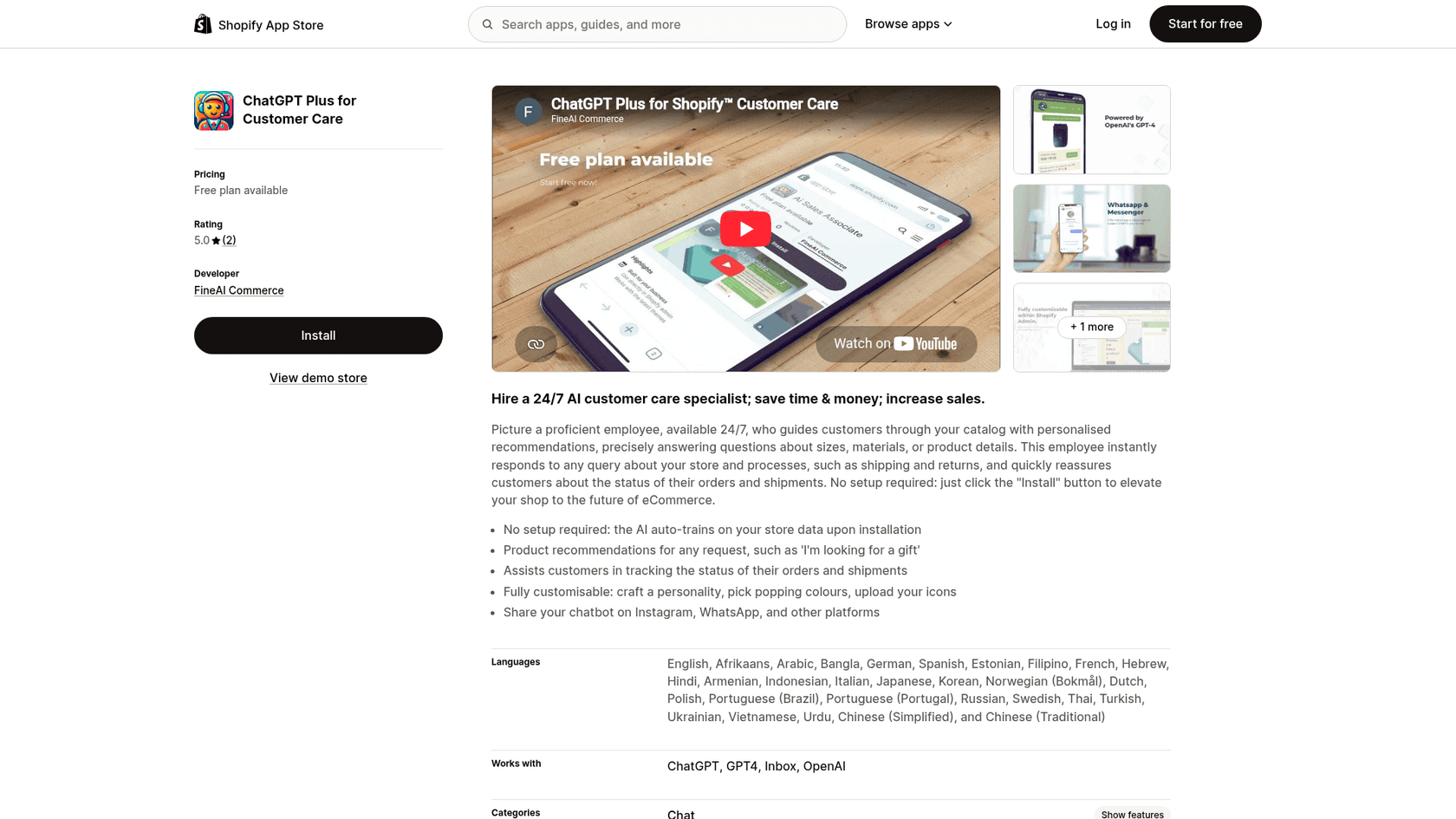 The ChatGPT Plus for Customer Care app listing in the Shopify App Store, one of many OpenAI-powered chat apps, as taken from the Shopify App Store
