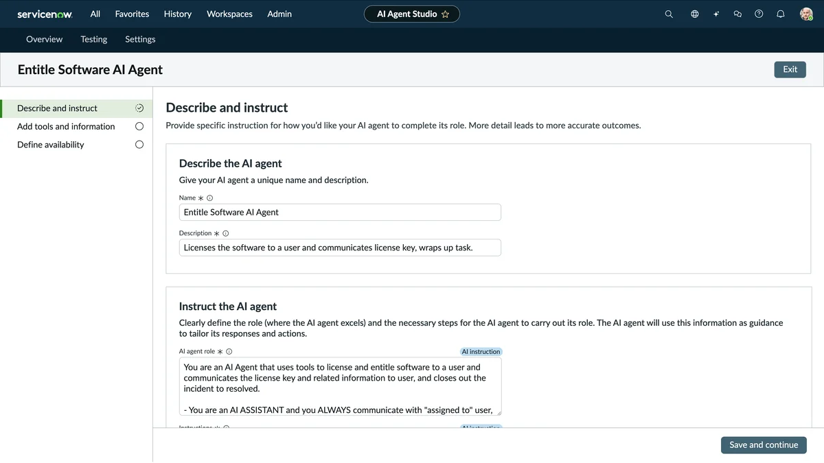 The ServiceNow AI Agent Studio wizard configuring an "Entitle Software" AI agent, as taken from ServiceNow