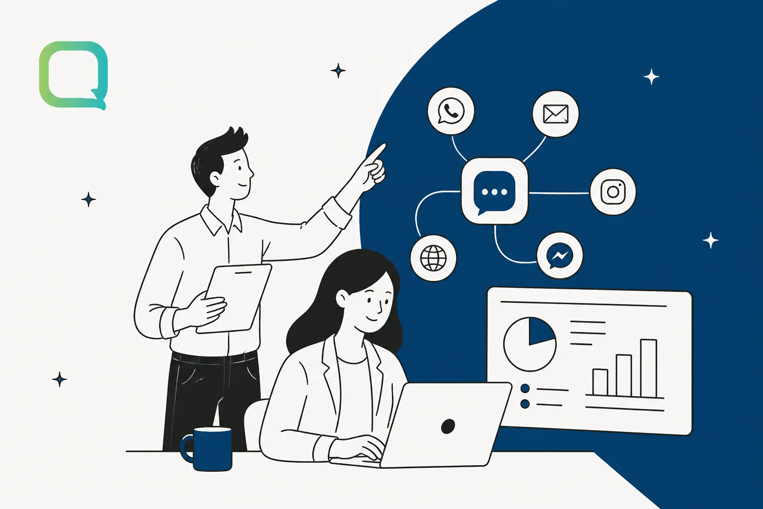Qiscus pricing breakdown illustration with omnichannel messaging icons and an analytics dashboard