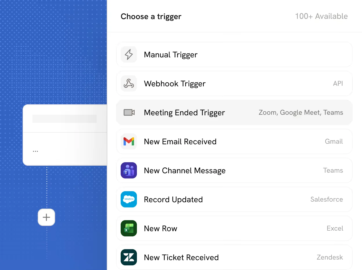 Cassidy's trigger menu listing manual, webhook, meeting-ended, Gmail, Teams, Salesforce, Excel and Zendesk ticket triggers, as taken from Cassidy
