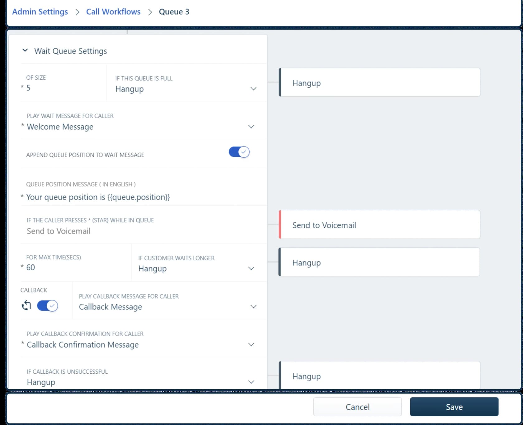 Freshcaller wait queue settings showing a queue size of 5, hang up if full, a queue position message, 60 second max wait, and callback switched on, as taken from the Freshworks help center