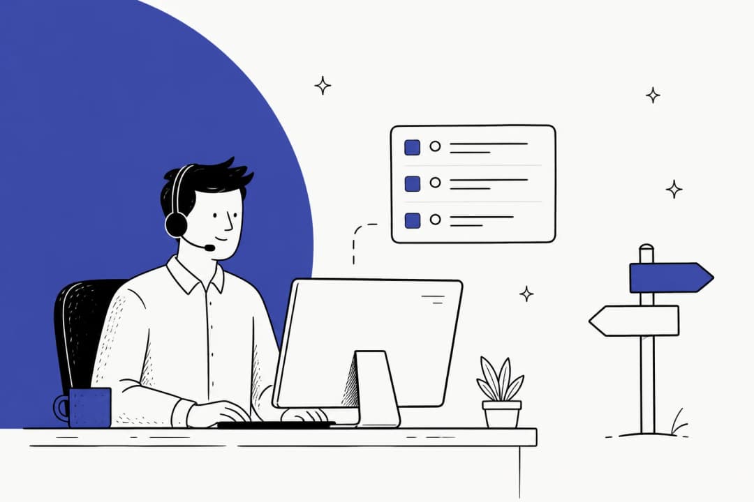 Illustration of an IT support agent at a desk with a ticket queue and a signpost pointing two ways