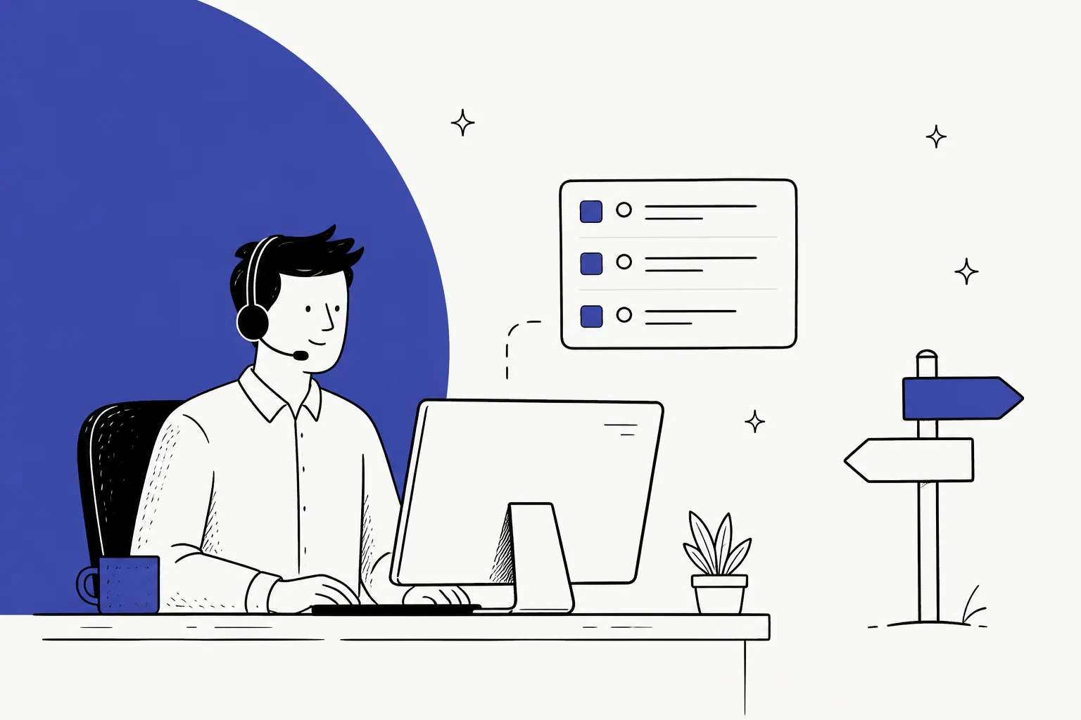 Illustration of an IT support agent at a desk with a ticket queue and a signpost pointing two ways
