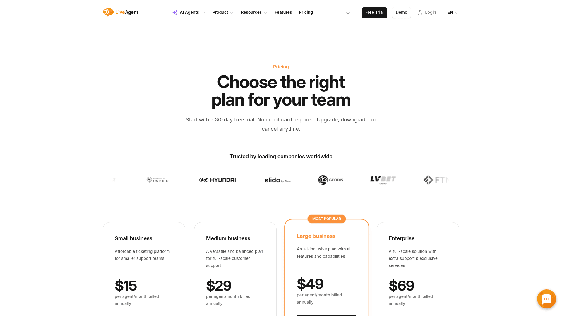 LiveAgent's four pricing tiers, from Small business at $15 to Enterprise at $69 per agent/month billed annually, as shown on LiveAgent's pricing page