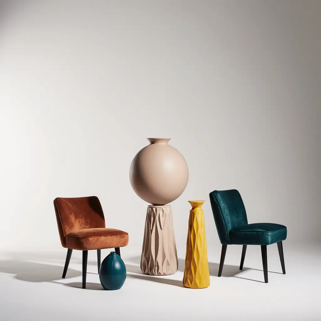 Krea before: a studio still life with two velvet chairs, a large beige sphere vase on a faceted pedestal, and a yellow vase