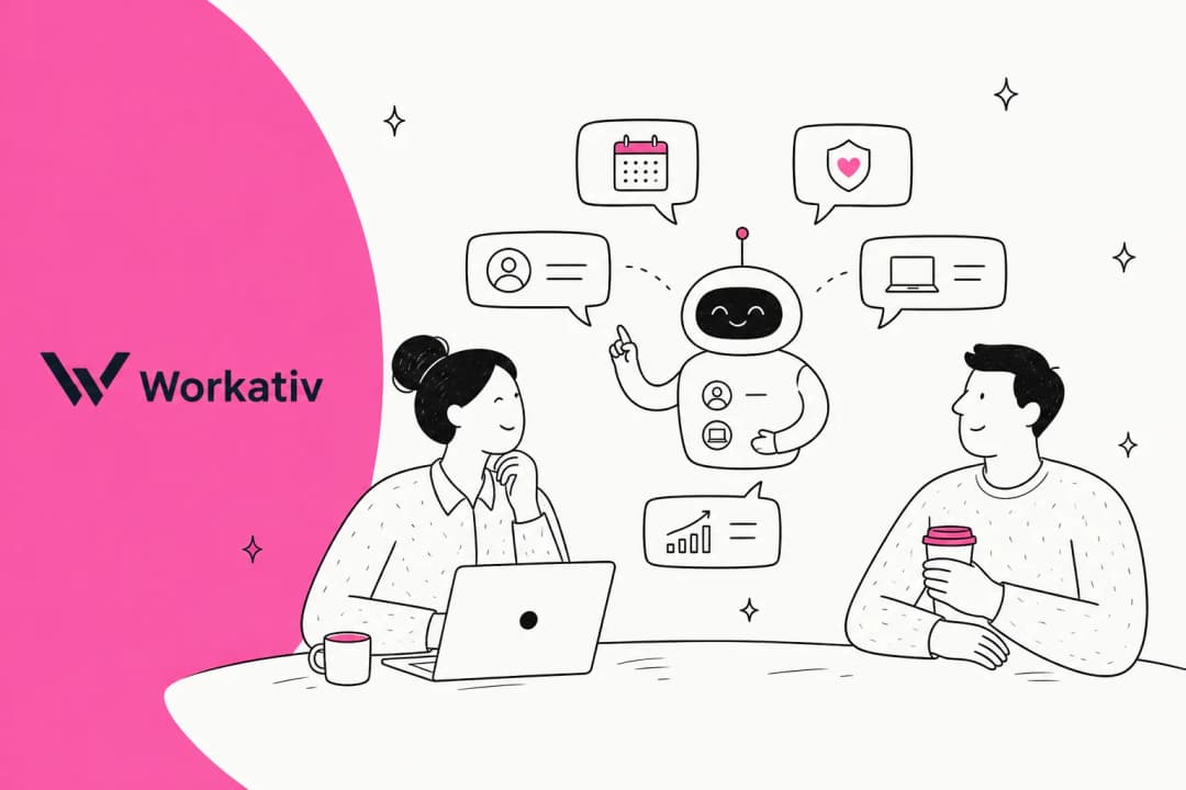 Illustration of two colleagues asking an AI agent HR and IT questions, with the Workativ logo