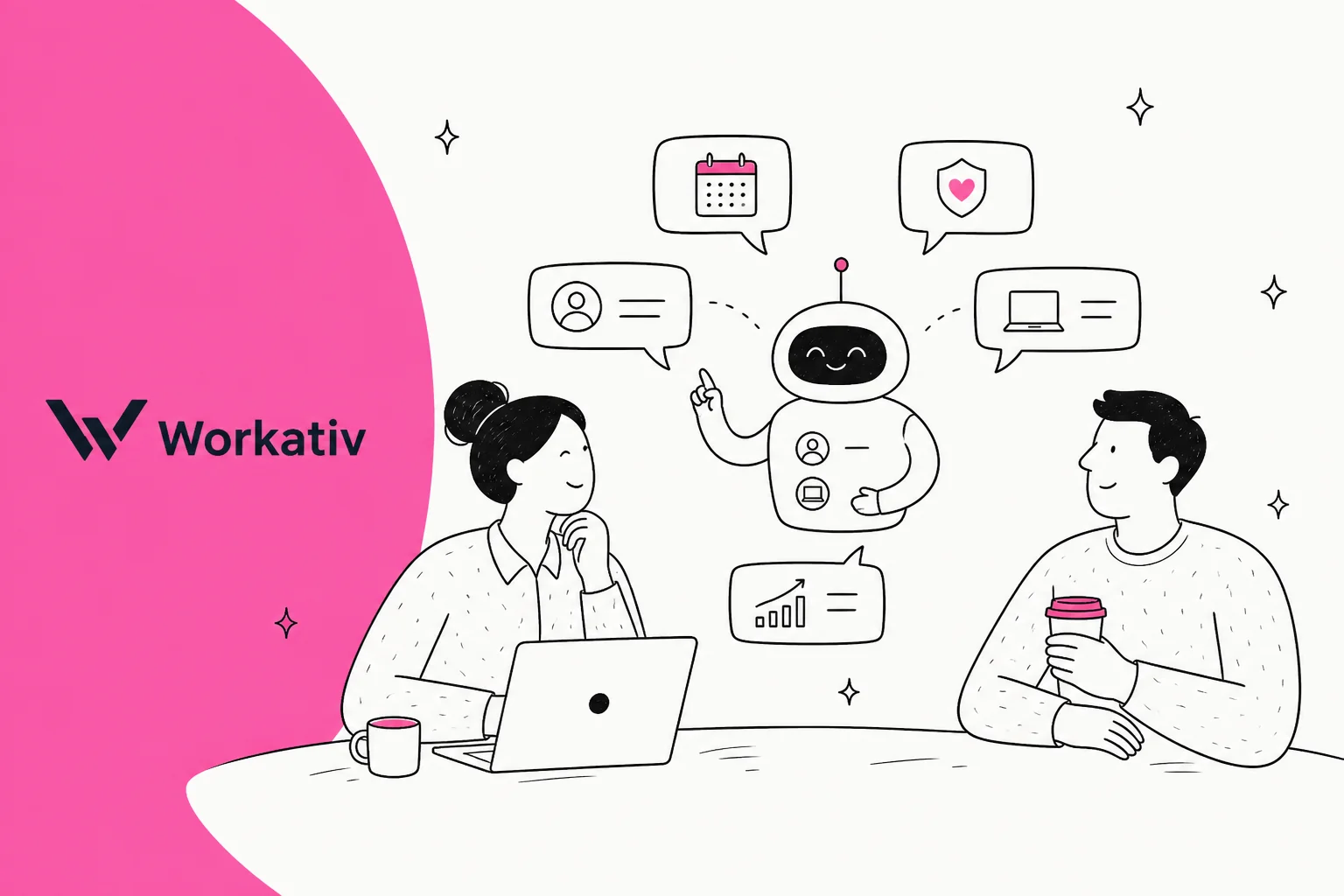 Illustration of two colleagues asking an AI agent HR and IT questions, with the Workativ logo