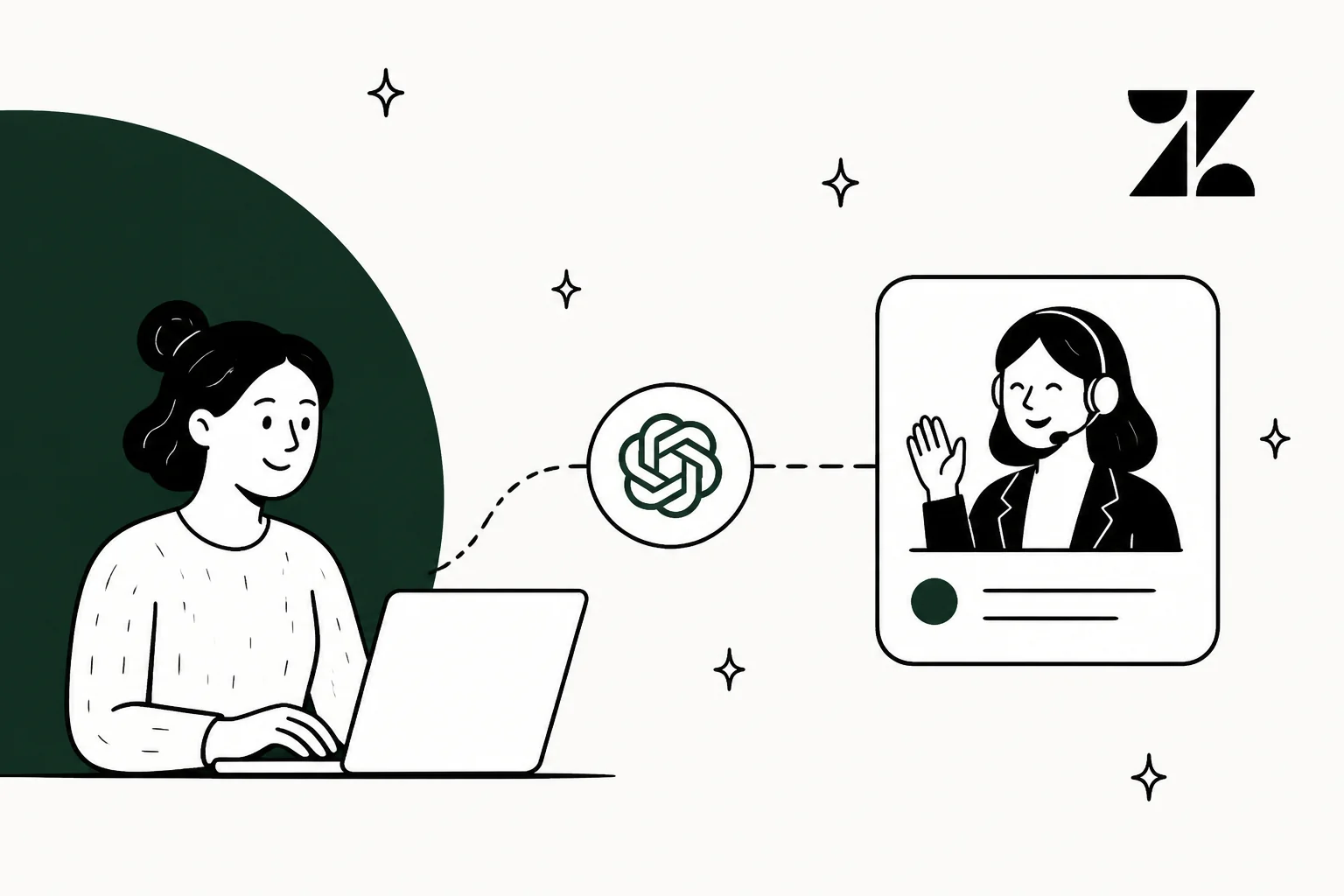 Line illustration of a person at a laptop linked by an OpenAI spark mark to a Zendesk support agent card on a deep green background