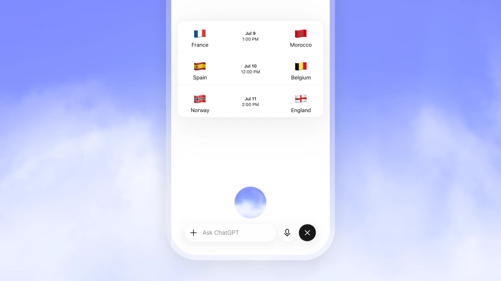 ChatGPT-Sprachfunktion mit anstehenden internationalen Fußballspielen, aus OpenAIs GPT-Live-Launch-Material