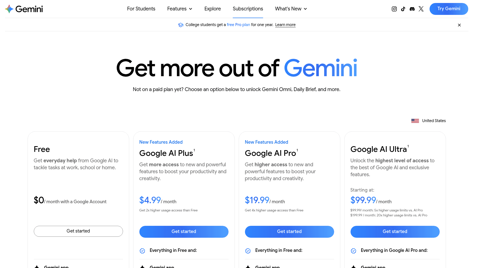 Google's Gemini subscriptions page headlined "Get more out of Gemini," showing Free at $0, Google AI Plus at $4.99 a month, Google AI Pro at $19.99 and Google AI Ultra starting at $99.99, as captured from gemini.google