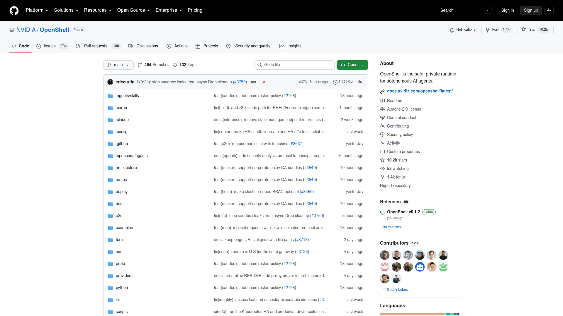 Le dépôt NVIDIA OpenShell sur GitHub affichant 10,2k étoiles, 1,4k forks et v0.1.2 comme dernière version, capture issue de GitHub