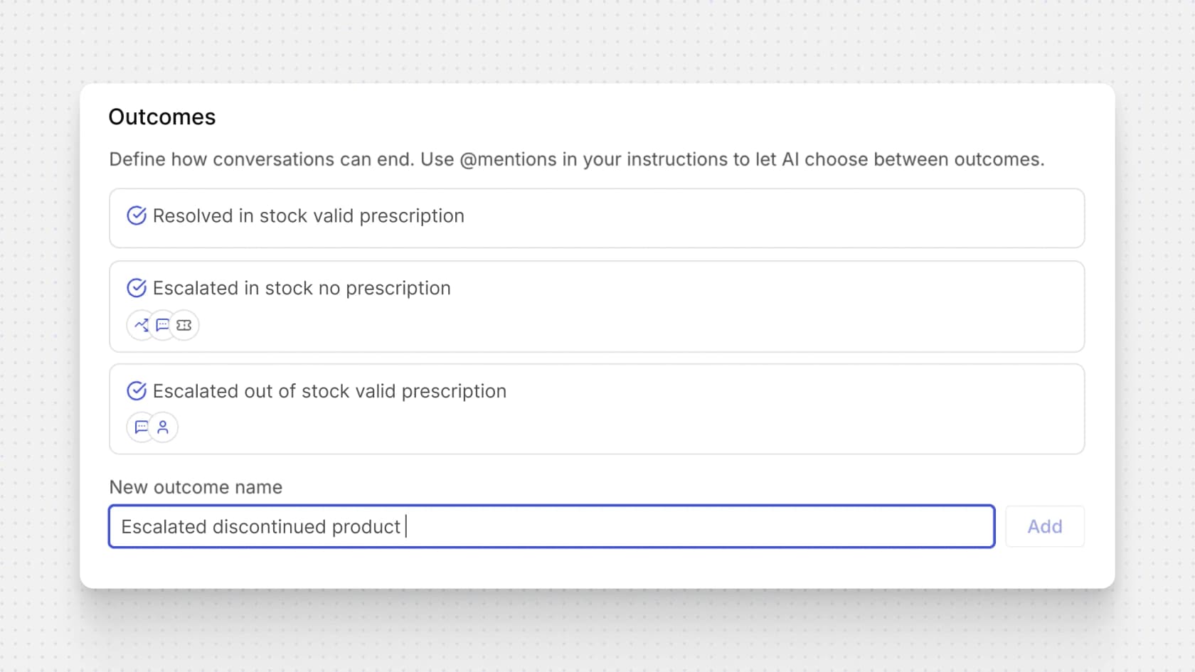 Lorikeet's Outcomes configuration panel, where you define the named ways a conversation can end, as taken from Lorikeet