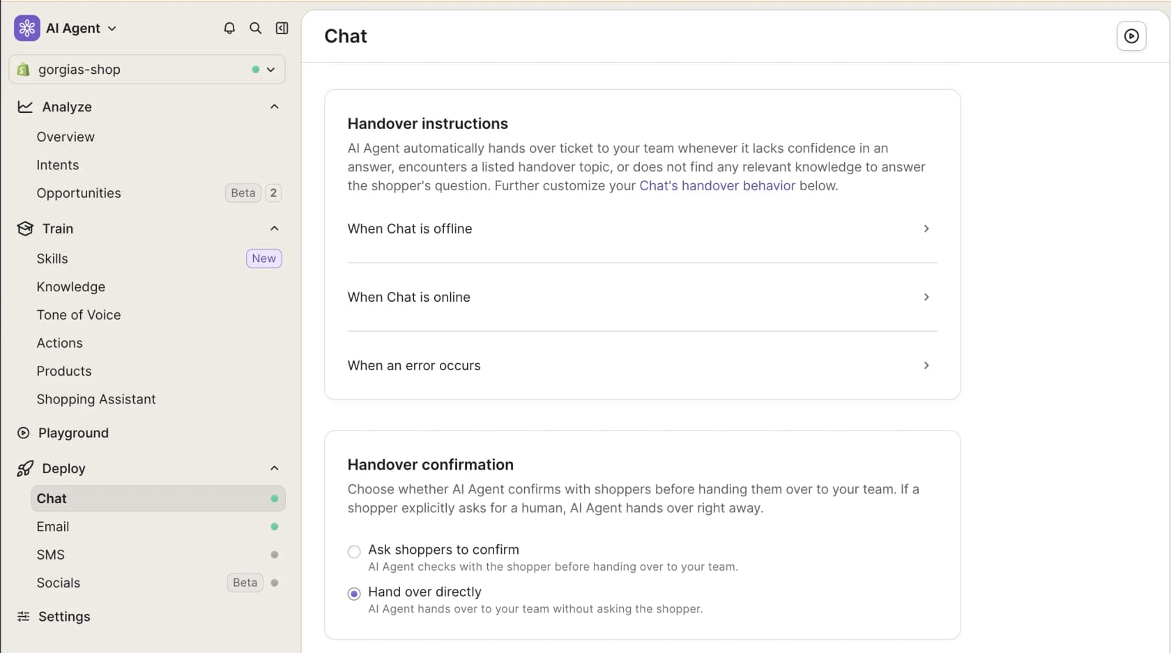 Gorgias AI Agent handover settings with handover instructions for chat offline, chat online and errors, plus a handover confirmation choice, as taken from the Gorgias changelog