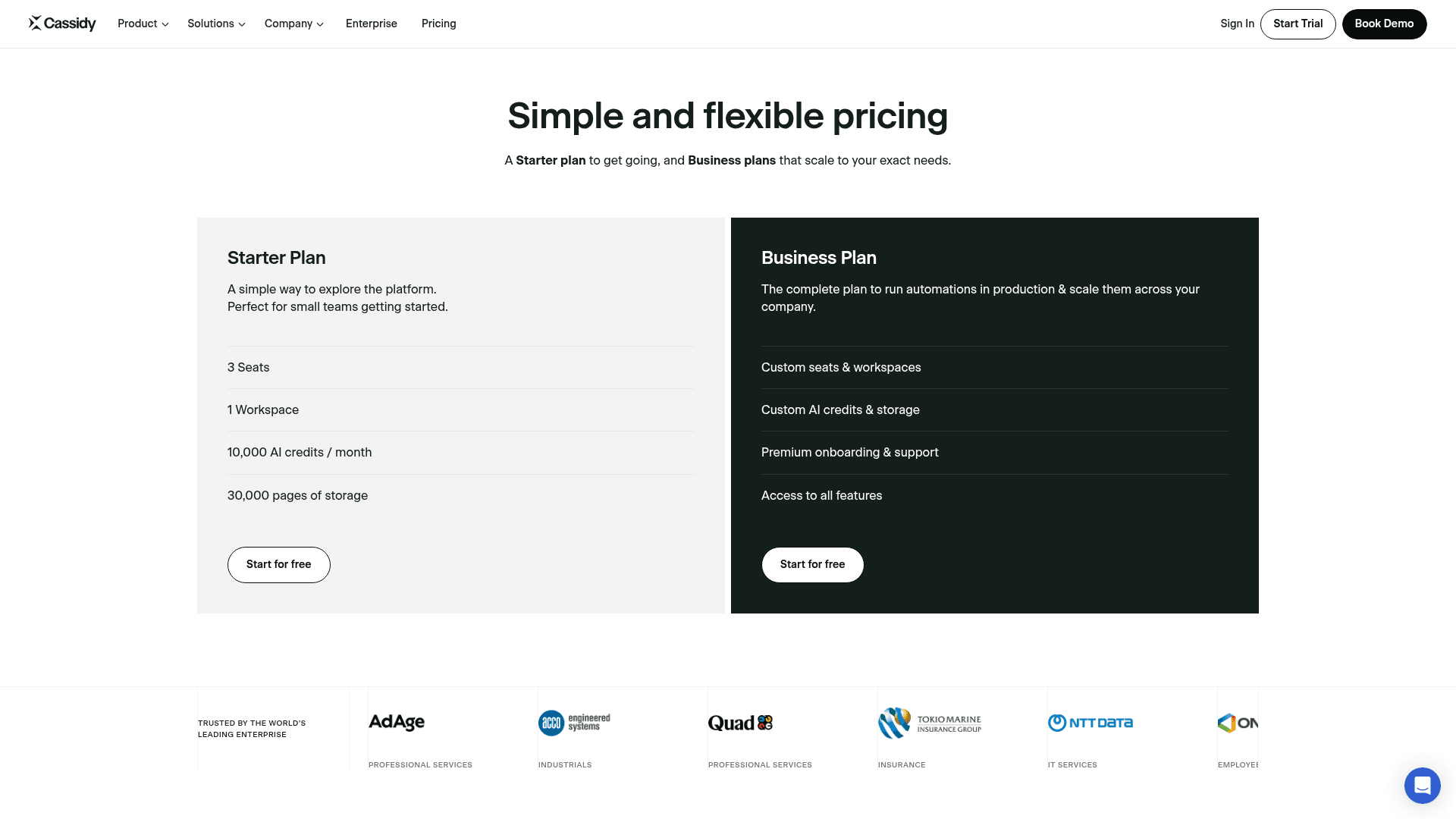 Cassidy pricing page showing a free Starter plan and a contact-sales Business plan with no dollar figures