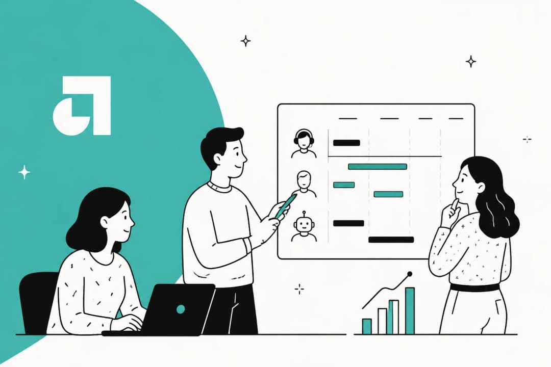 Illustration of a support team reviewing a staffing board with both human agents and an AI agent on it