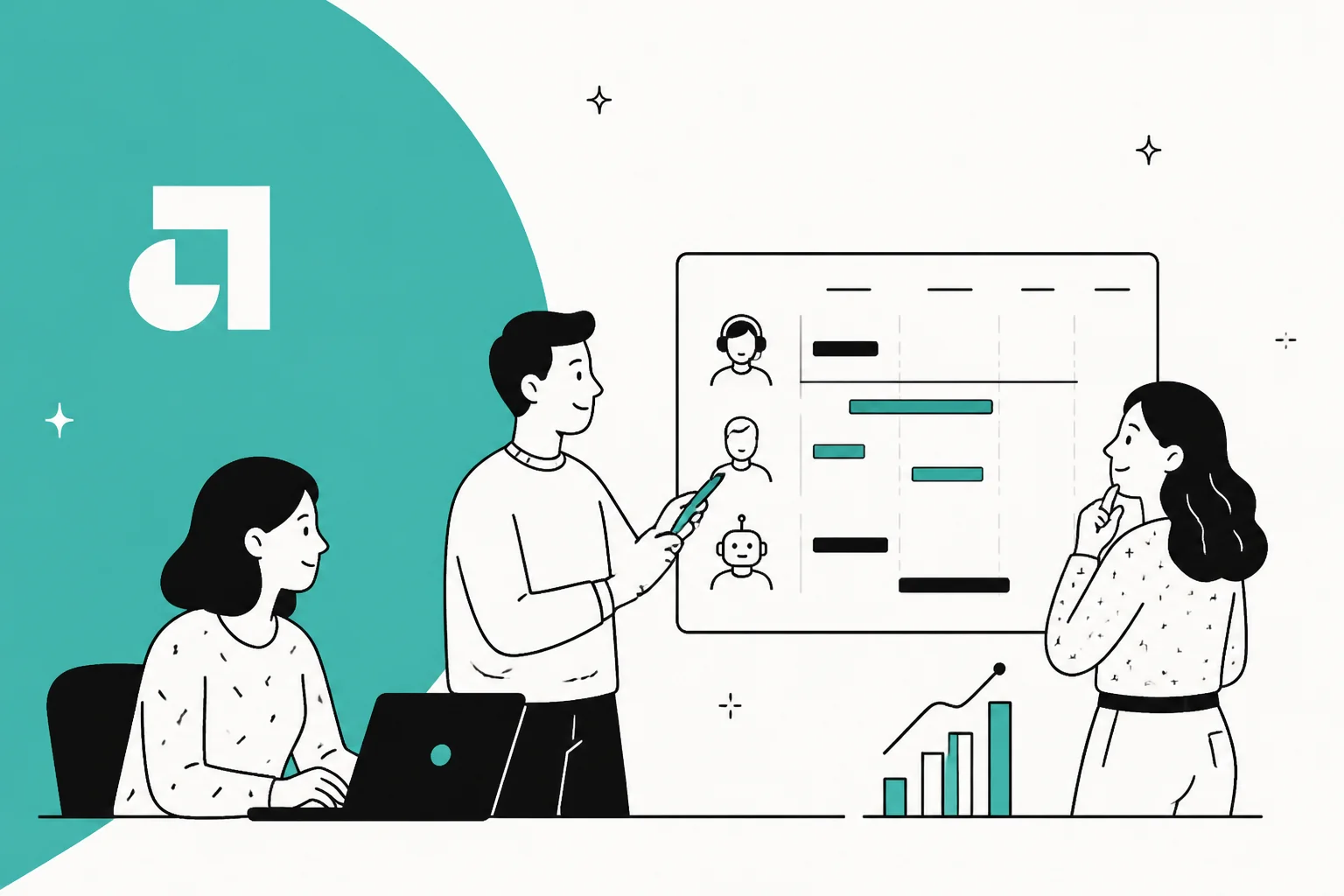 Illustration of a support team reviewing a staffing board with both human agents and an AI agent on it