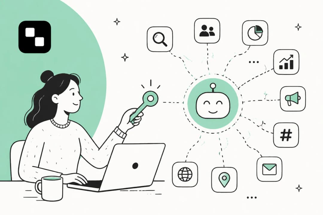Illustration dessinée à la main d'une personne qui tend une seule clé vers un robot souriant relié à un anneau d'icônes d'outils de recherche, de réseaux sociaux, d'analytique, de publicité et d'e-mail