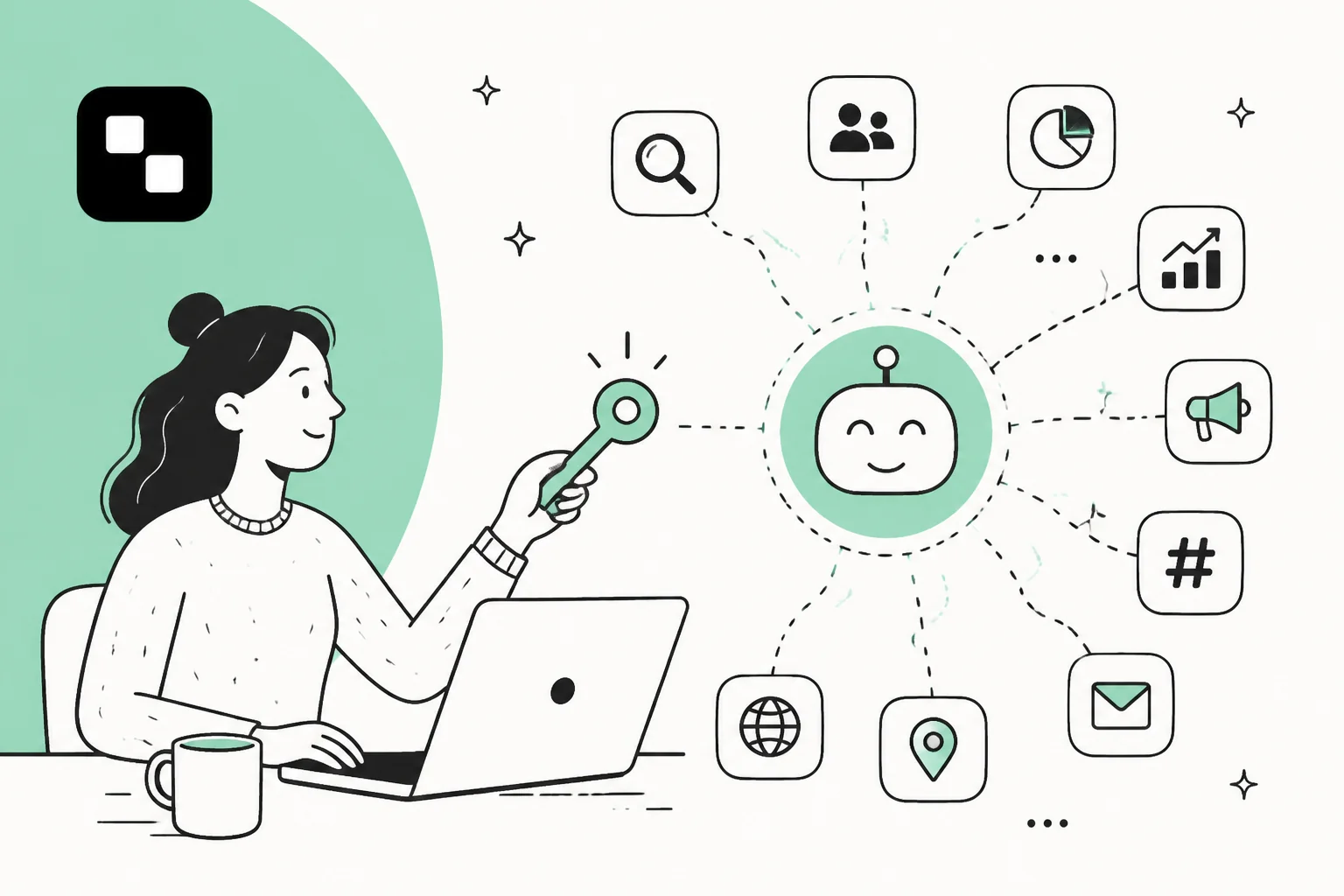 Illustration dessinée à la main d'une personne qui tend une seule clé vers un robot souriant relié à un anneau d'icônes d'outils de recherche, de réseaux sociaux, d'analytique, de publicité et d'e-mail