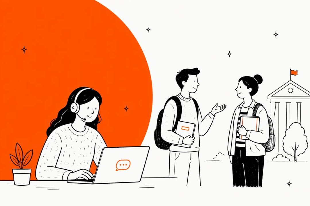 Ilustración de un agente de soporte del campus con auriculares ayudando a dos estudiantes frente a un edificio universitario