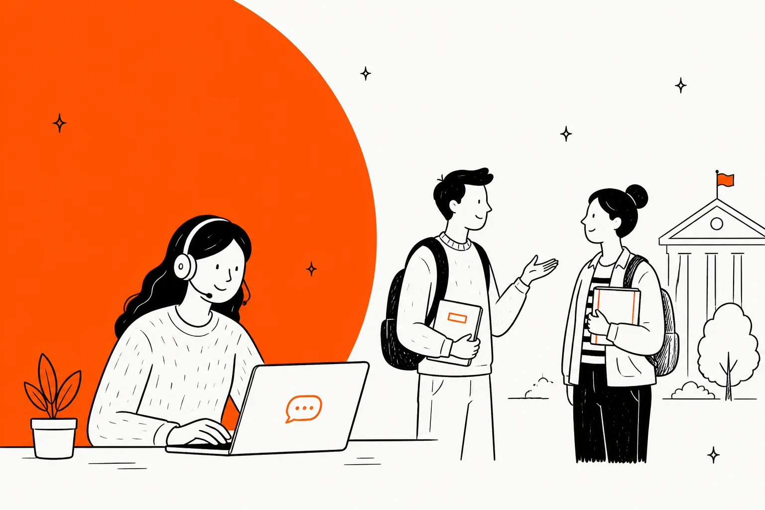Illustration of a campus support agent with a headset helping two students in front of a university building