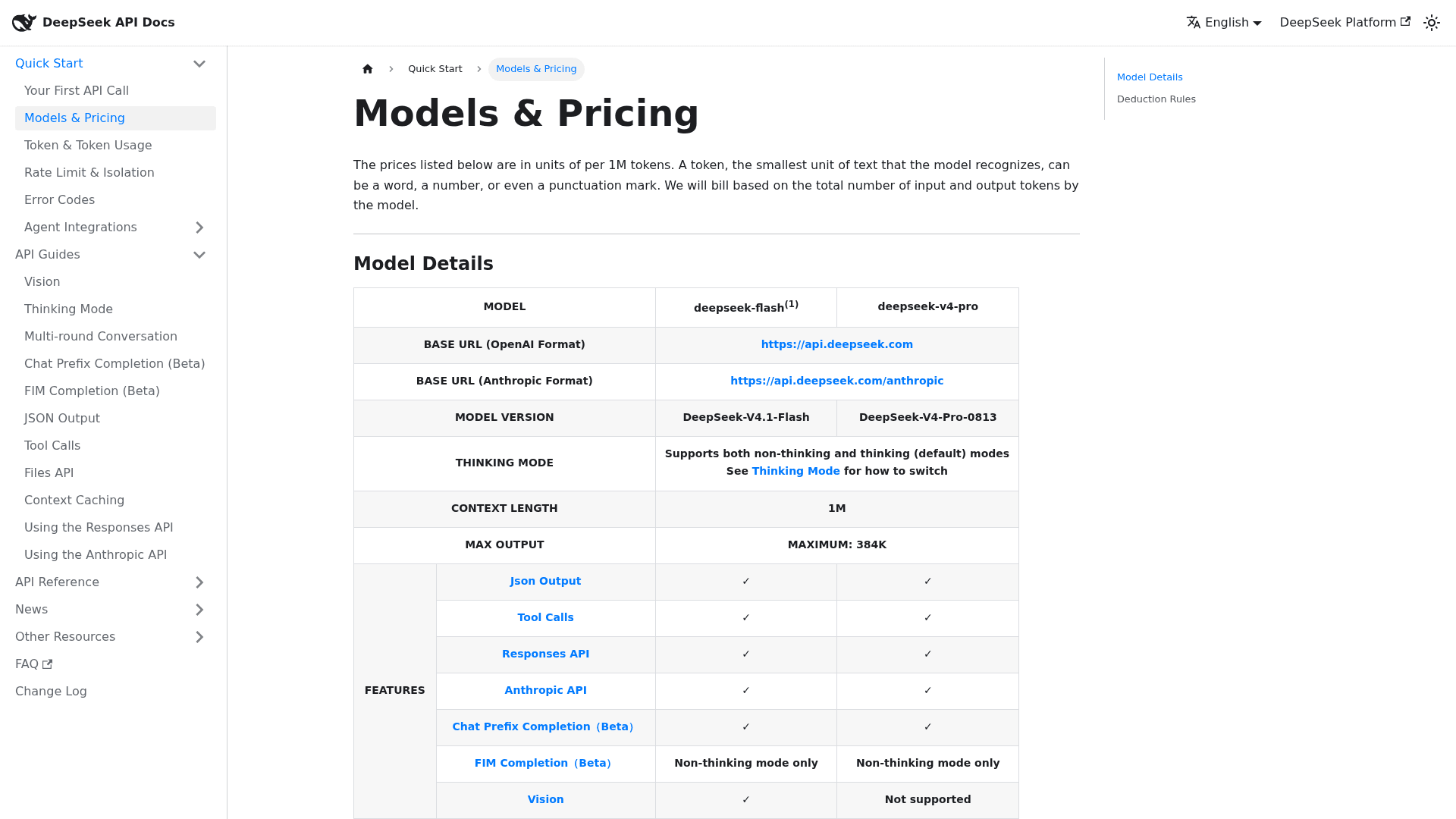 DeepSeek's Models and Pricing table showing V4.1 Flash and V4 Pro, as taken from DeepSeek