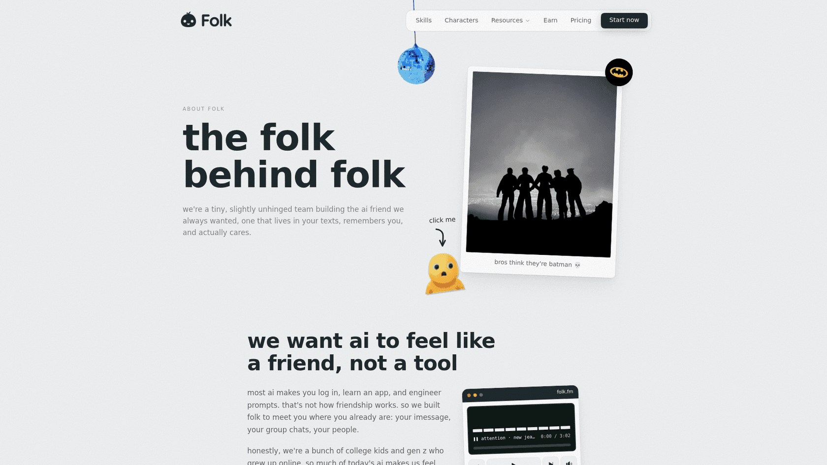 Folk's about page headlined "the folk behind folk," describing a tiny team building "the ai friend we always wanted," next to a photo of the team in silhouette on a hill, as captured from folk.com