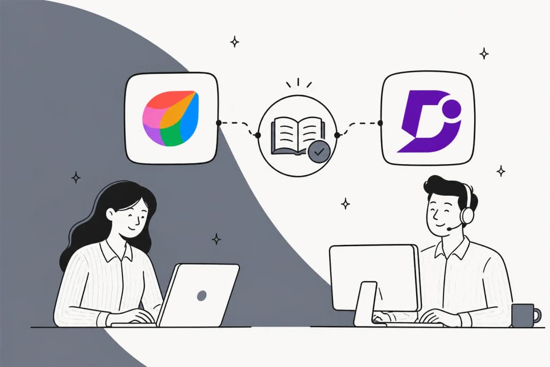 Freshdesk and Document360 logos connected by a knowledge-base icon, illustrating an AI knowledge integration