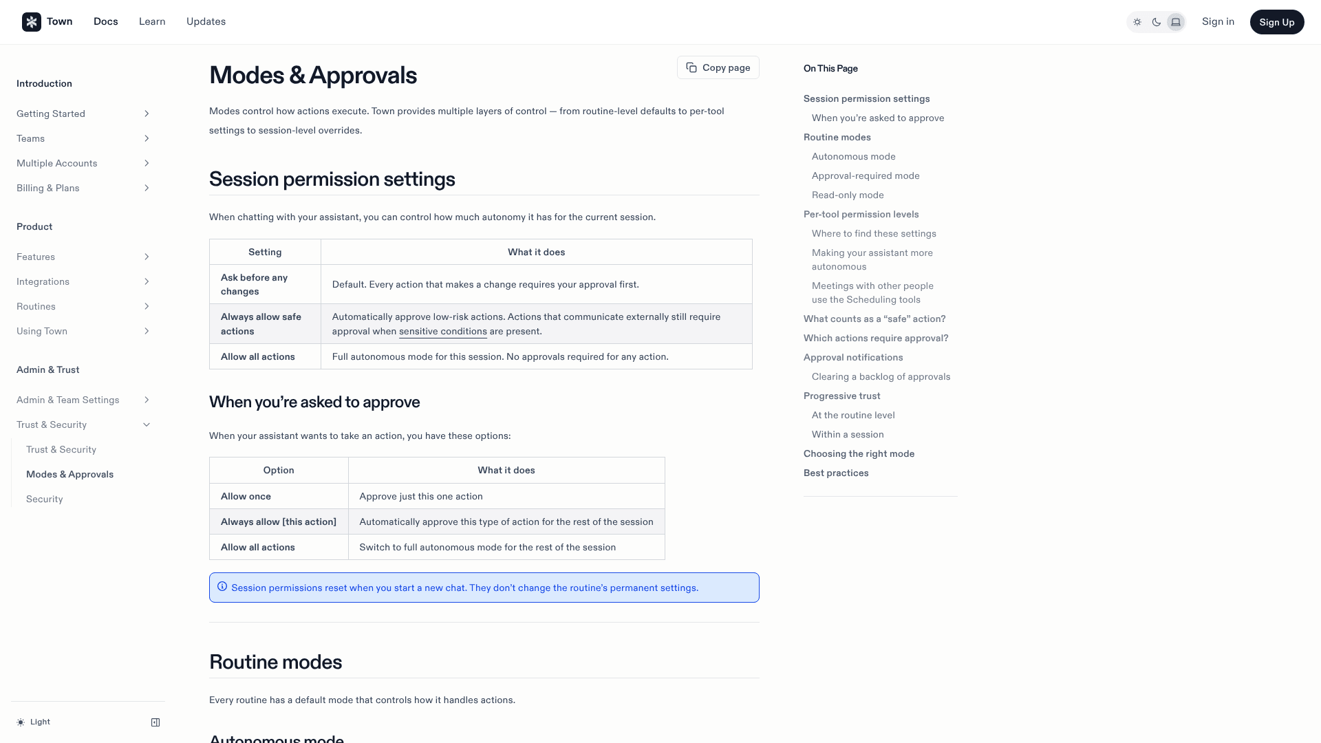 Town's Modes & Approvals docs page showing the three session settings, Ask before any changes, Always allow safe actions and Allow all actions, as taken from Town's docs