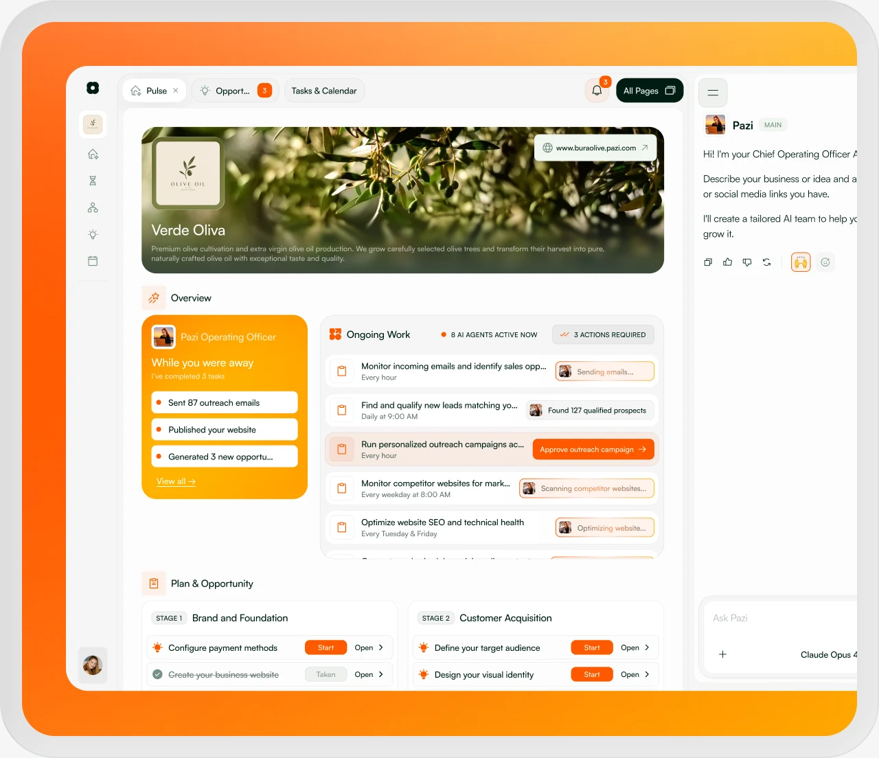 Pazi Business Pulse dashboard showing ongoing agent work, the operating officer panel, and a staged opportunity roadmap, as taken from Pazi