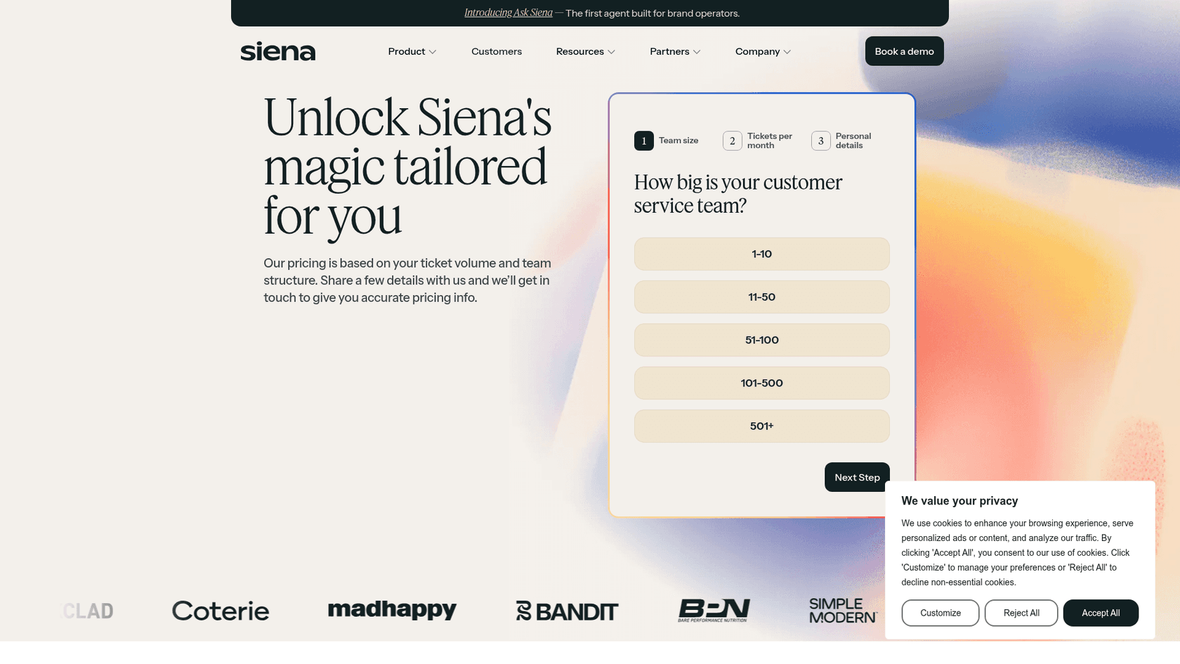 Siena's pricing page, which is a three-step lead capture form asking for team size and monthly ticket volume, as taken from Siena