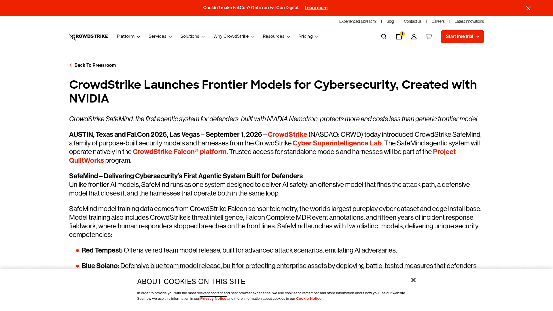 CrowdStrike and NVIDIA introduce SafeMind, the first agentic security models, as taken from the CrowdStrike press release