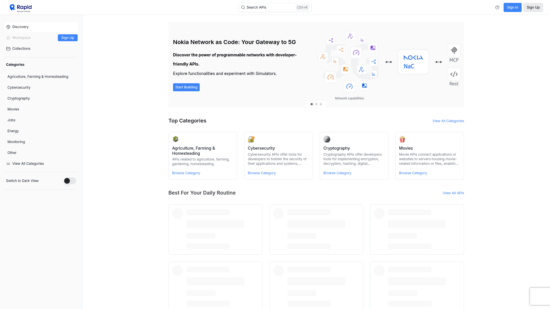 The RapidAPI hub, now branded as part of Nokia, with a sidebar of API categories and a banner about network APIs with MCP and REST access, as taken from RapidAPI