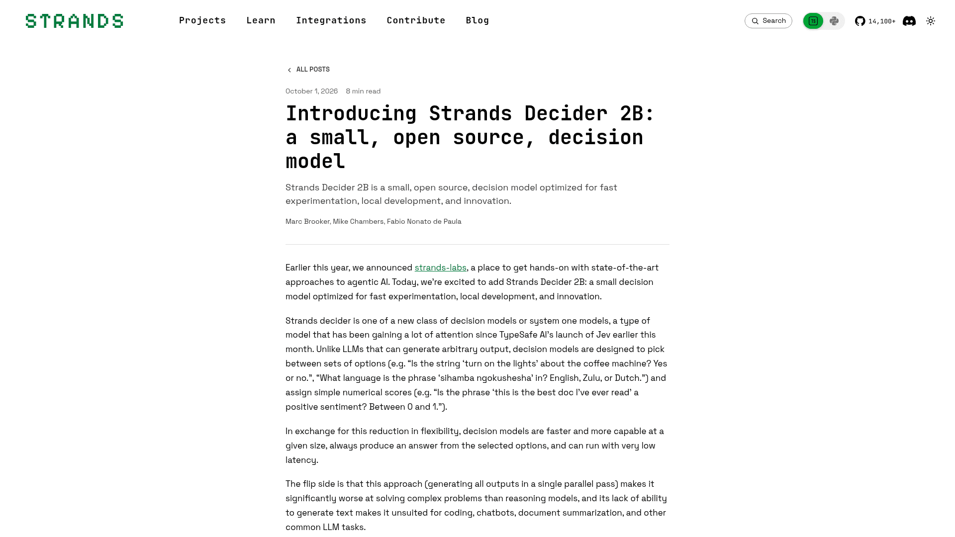 Strands Decider 2B launch post on the Strands blog dated October 1, 2026, describing it as a small, open source decision model, as taken from Strands