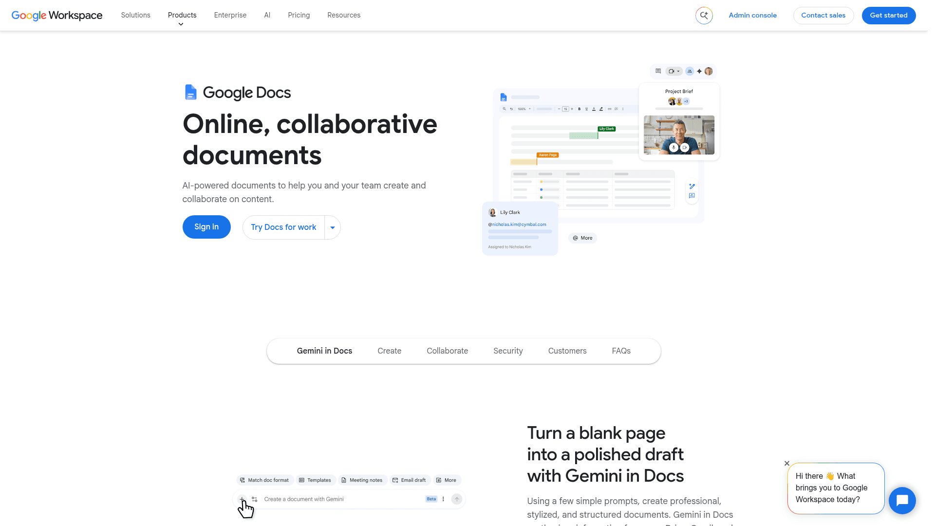 The Google Docs product page showing a collaborative doc with comments and assigned tasks, plus a Create a document with Gemini prompt bar, as taken from Google Workspace