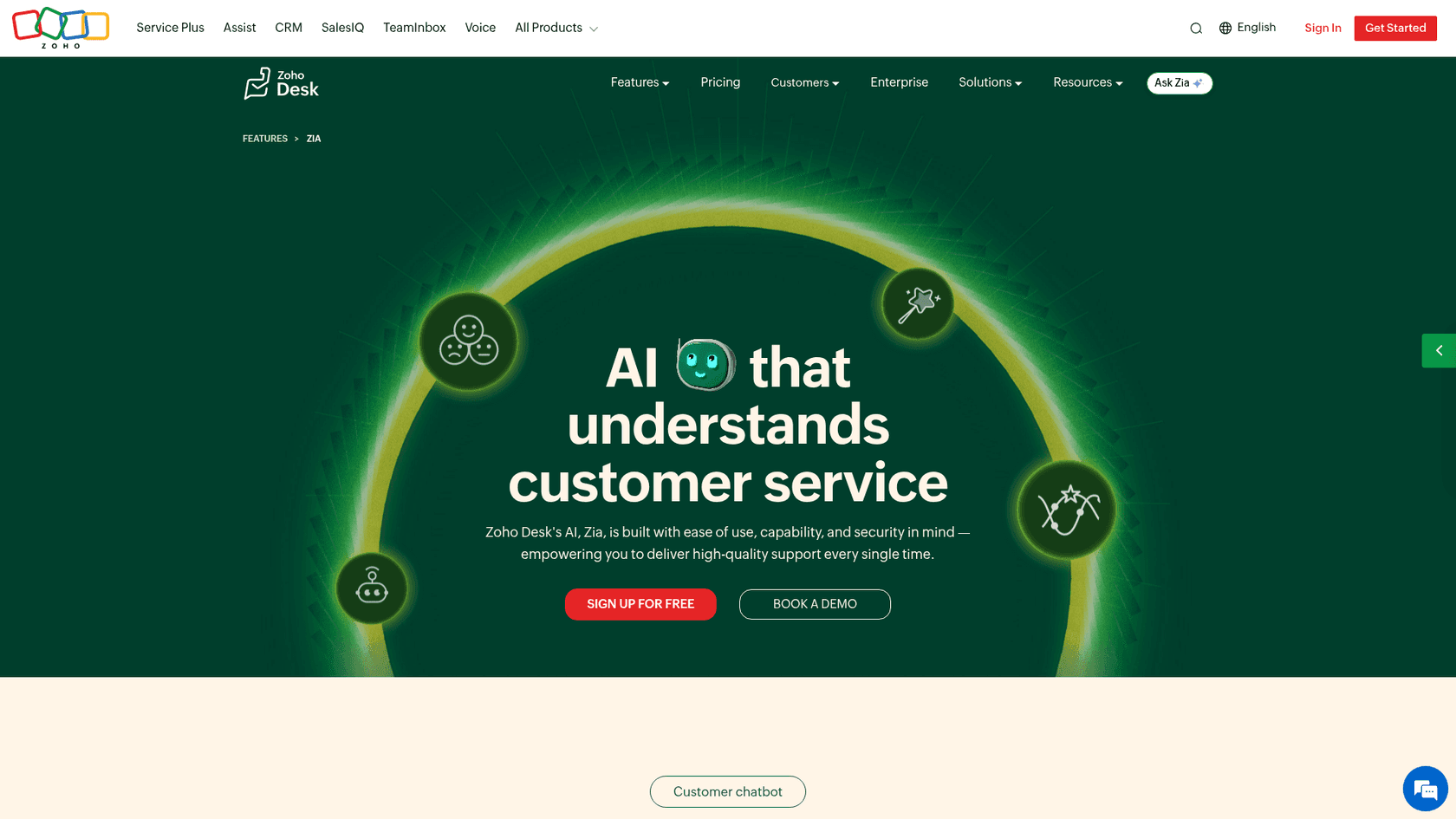 The Zoho Desk Zia AI page showing its assistant and answer bot features