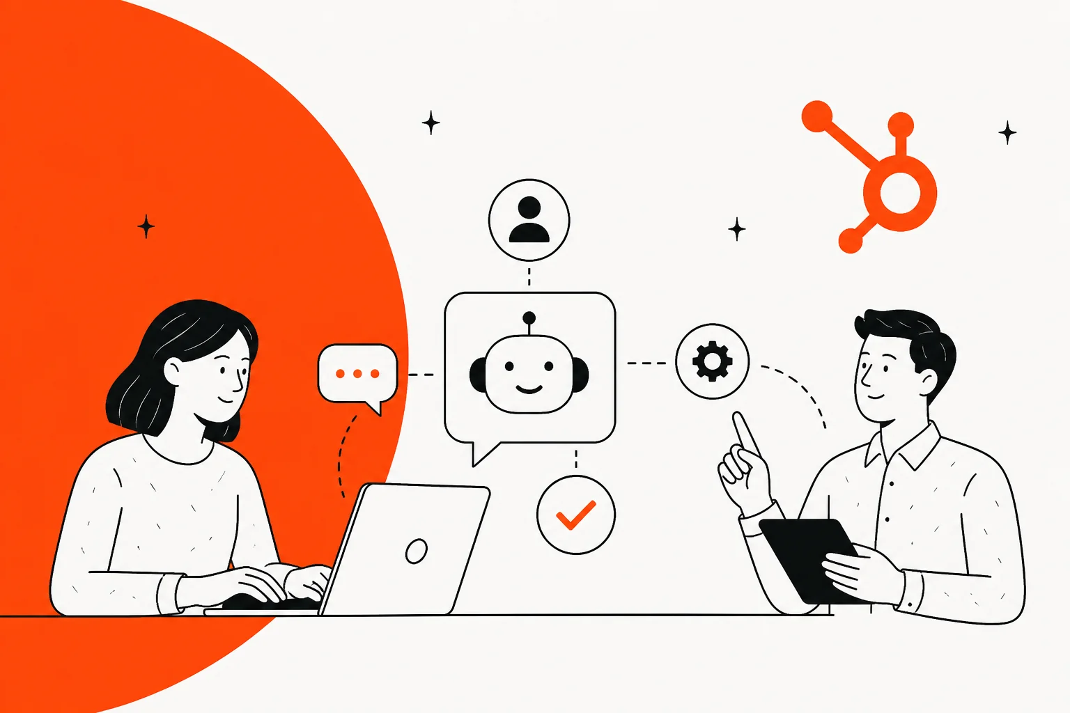 Illustration of a support agent and a customer with an AI drafting and sending a reply next to the HubSpot logo