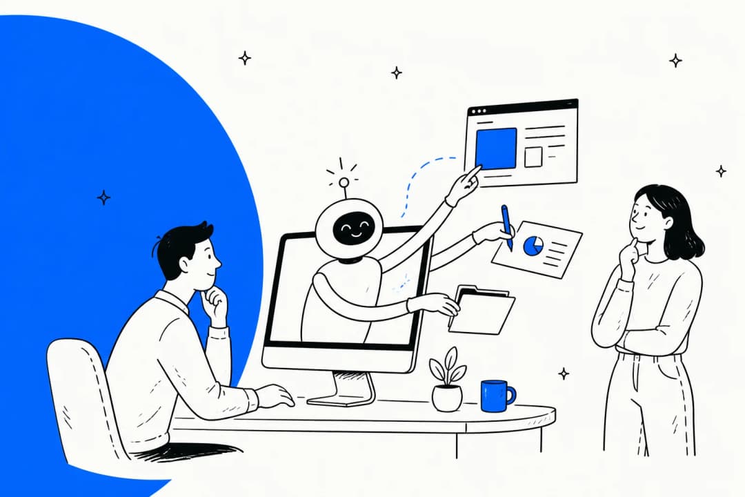 An AI agent reaching out of a monitor to operate app windows and documents while two colleagues watch, in Meta's blue brand colour