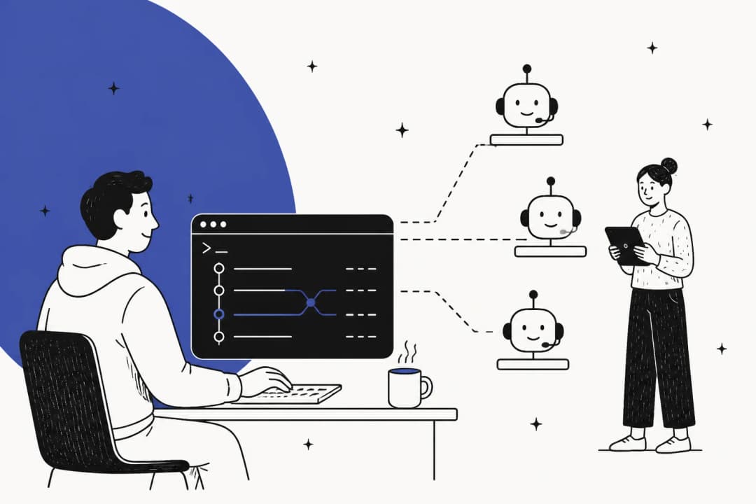 Illustrated banner for a guide on managing AI customer support agents from the terminal