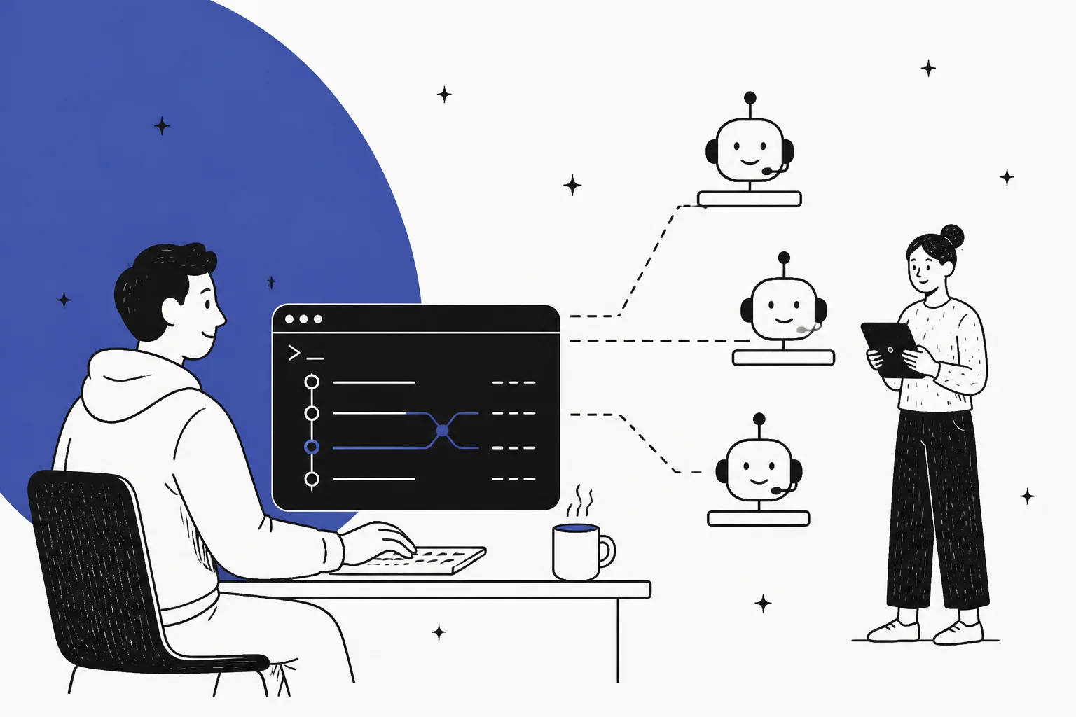 Illustrated banner for a guide on managing AI customer support agents from the terminal