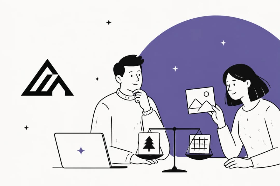 Illustration of two reviewers weighing up generated image panels on a set of scales, representing a FLUX 3 review