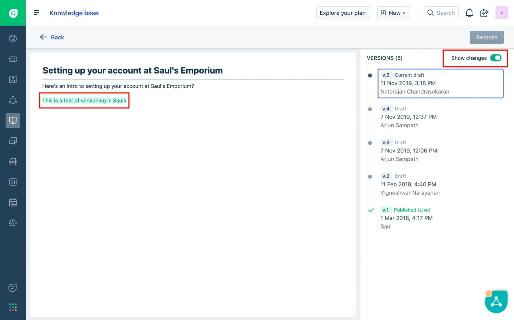 Freshdesk knowledge base article revision history panel listing five versions with a Show changes toggle highlighting added text, as taken from Freshdesk's help center