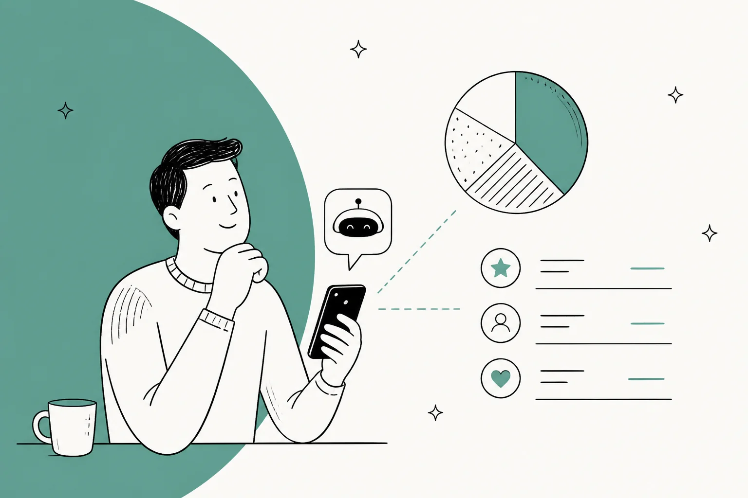 Hand-drawn illustration of a person texting a personal AI agent on a phone, next to a pie chart and a short list of cost lines