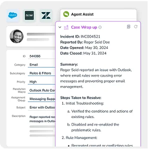 An Agent Assist panel over a ticket-detail form, showing a Case Wrap up card for incident INC004521 with a written summary and a numbered list of the steps taken to resolve it, as taken from Automation Anywhere