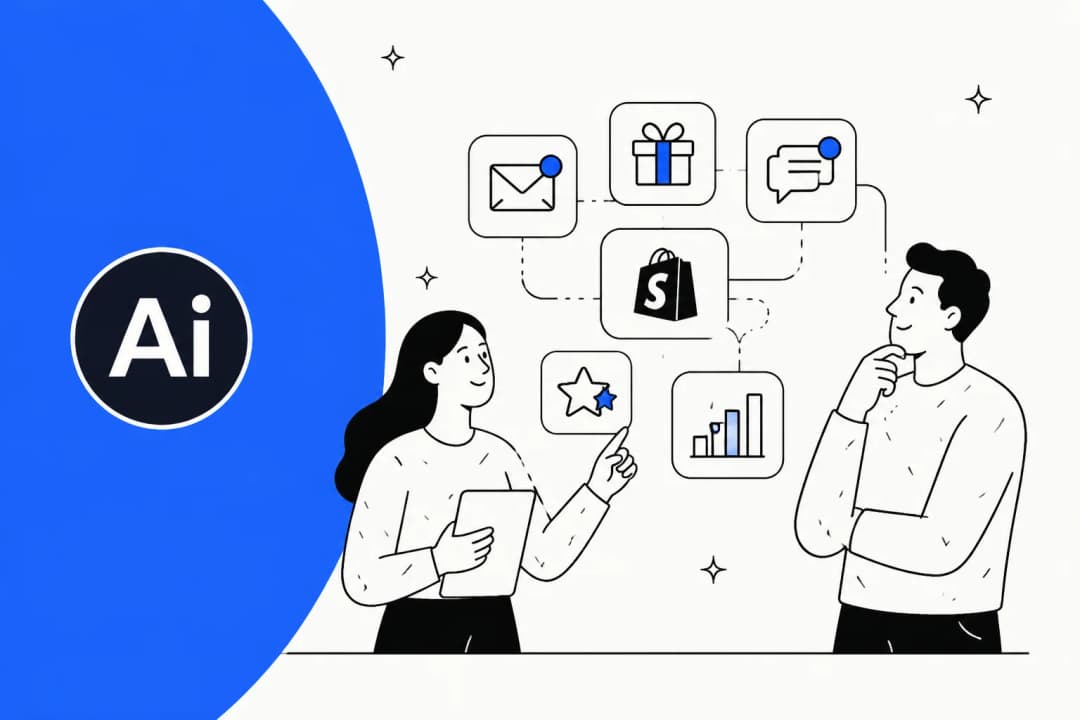 Illustration of two Shopify merchants reviewing loyalty, email, chat and reviews modules connected in one suite, with the AiTrillion mark on a blue background