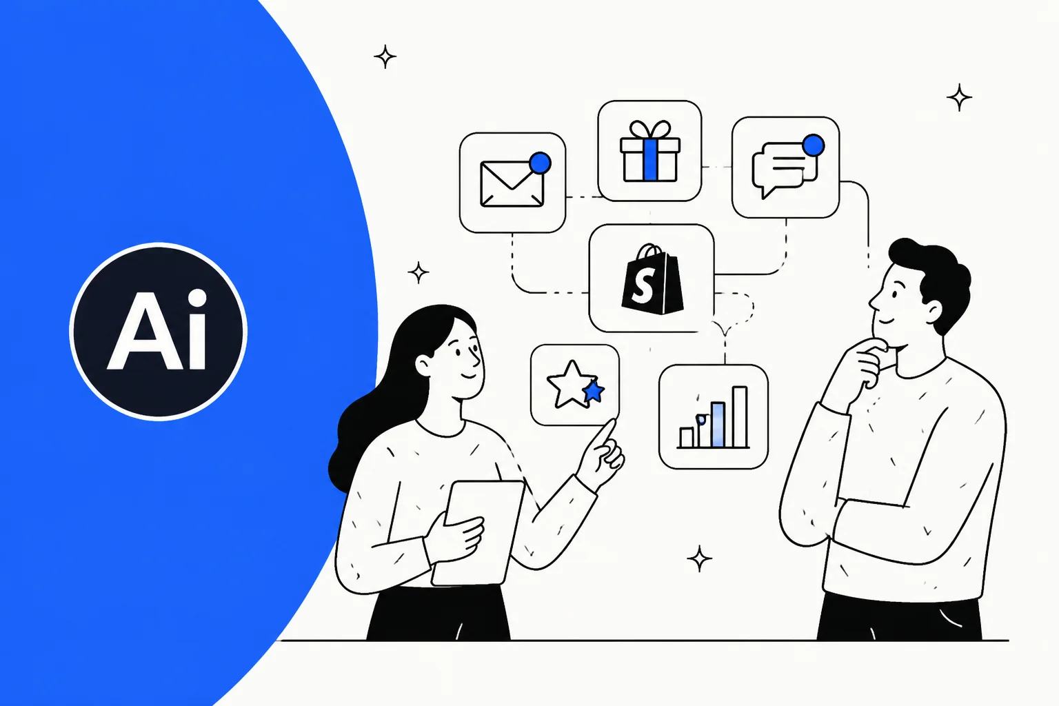 Illustration of two Shopify merchants reviewing loyalty, email, chat and reviews modules connected in one suite, with the AiTrillion mark on a blue background