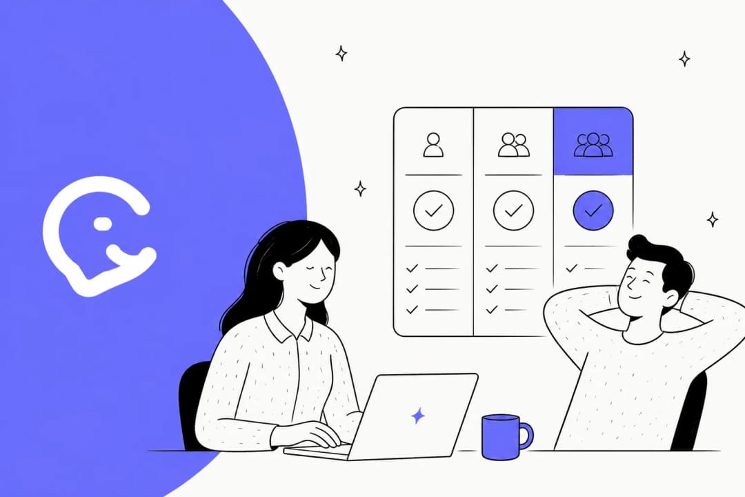 Illustration of three pricing tier cards with a support agent at a laptop, in periwinkle