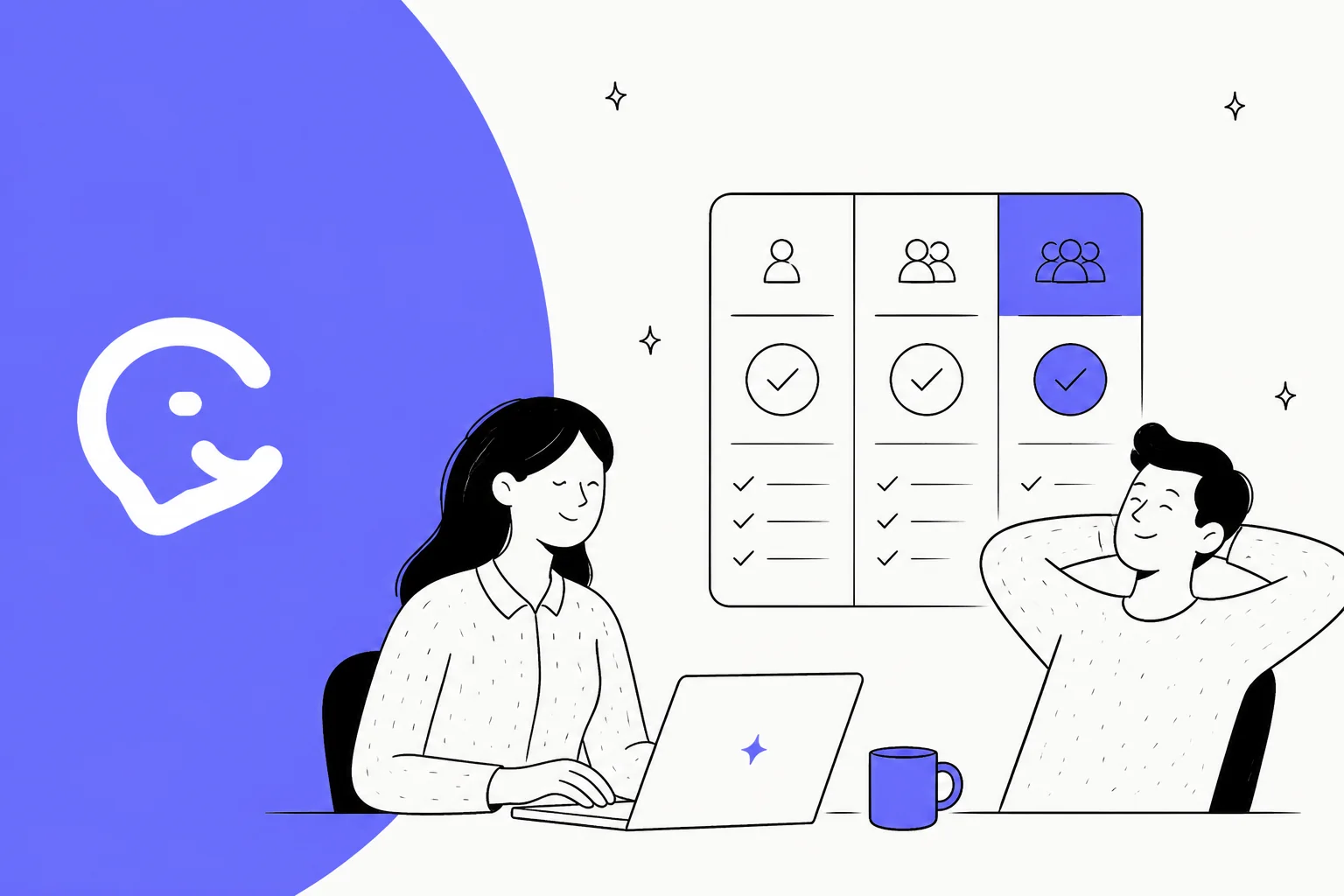 Illustration of three pricing tier cards with a support agent at a laptop, in periwinkle